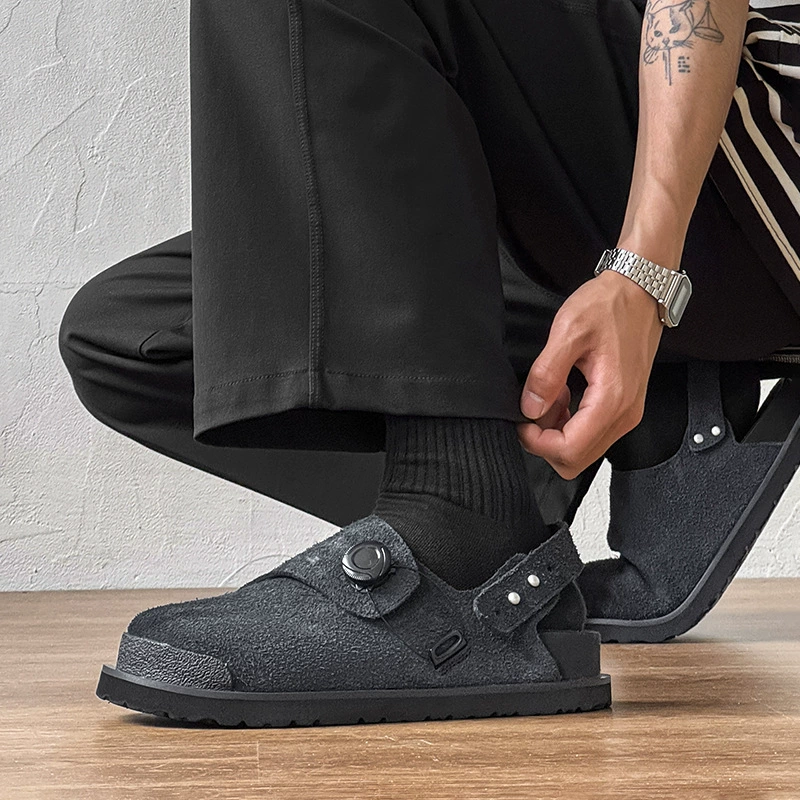 Легкие летние мужские туфли без шнуровки, увеличивающие рост, с нишевым дизайном, закрытые полутапочки в стиле Birkenstock, дышащие универсальные тапочки на толстой подошве.