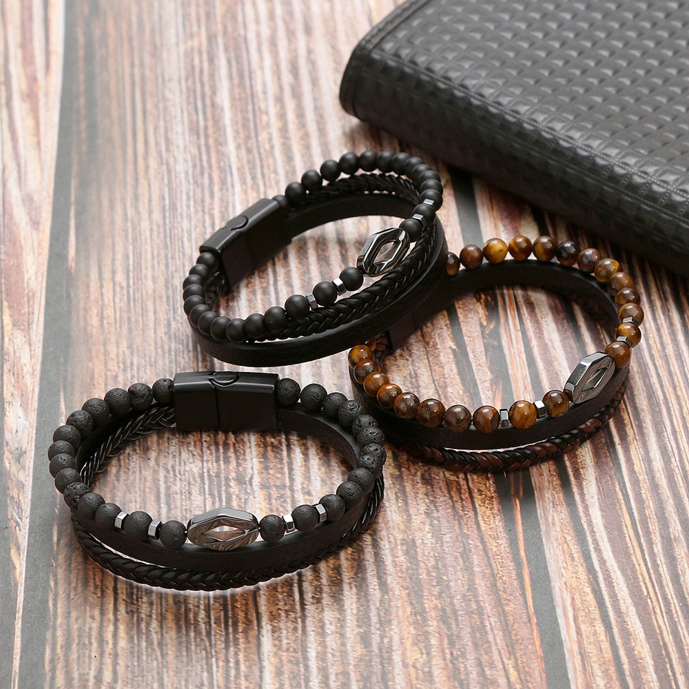 Herrenarmband Aus Leder Und Tigerauge Mit Magnetverschluss_voghion.com