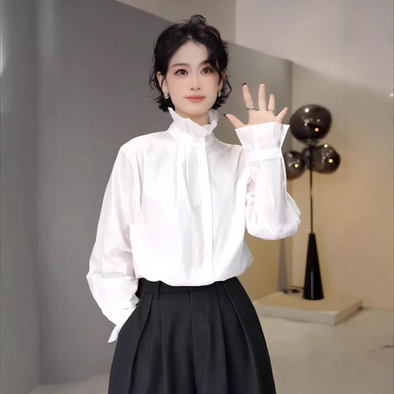 Fashionable Stand-Collar Floral Blouse for Women, Early Spring New Style, High-End Casual Loose Fit, Slimming Layered Long-Sleeve Top
