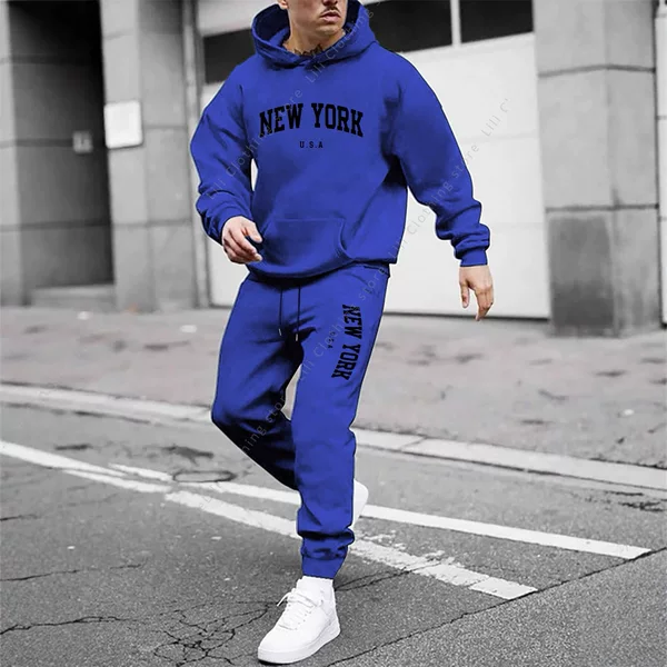 Sportswear Men's Cross-Border European Size Fleece Sweatshirt and Sweatpants Amazon Independent Station Printed Newyork Letter Suit
