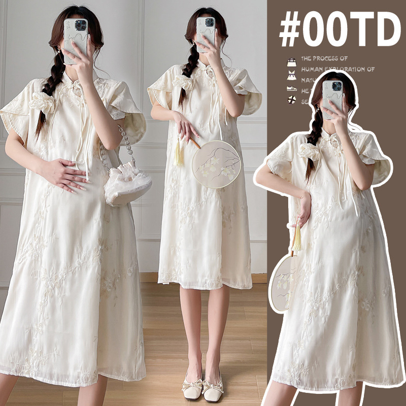 Pregnant Women's Medium-dress Short-sleeved Collar Long Embroidered Improved Cheongsam Dress Summer New All-match Elegant Pregnant Women's Dress