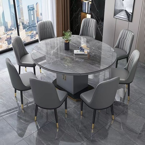 Light Luxury Quartz Stone Dining Table for Home Use: Compact Round Table with Modern Minimalist Design, Telescoping & Folding Features, Solid Wood Construction, and Built-in Storage Cabinet for Dining Chairs