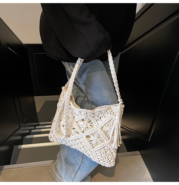 177g Weight Polyester Cotton Lining Material Weave, Hollow Fashion Element Zipper Closure Type Single Shoulder Strap Strap Type Shoulder Bag Bags Type Casual Occasion cotton rope Material Solid Color Pattern All Seasons Season Women's Gender Vacation Style Square Shape Women's Cotton Rope Solid Color Vacation Weave Hollow Square Zipper Shoulder Bag 11