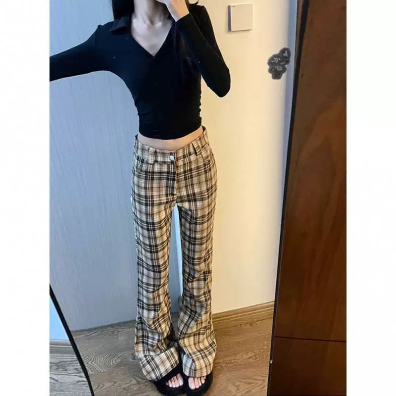 Ретро рог клетчатые брюки для детей весна и осень новые взрывные 2024 горячие девушки с высокой талией тонкая повседневная штанга