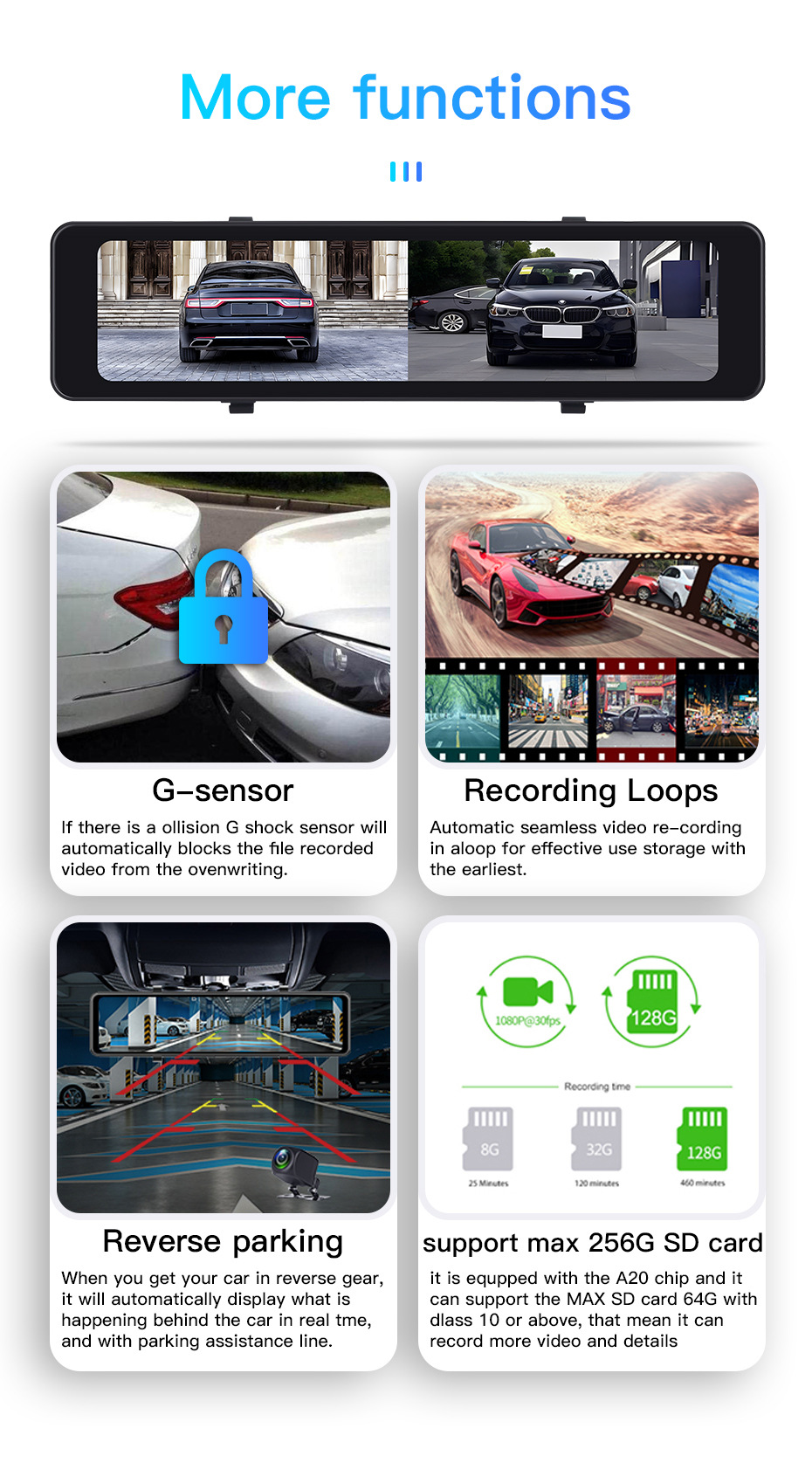 9.66inch 10.3inch 12inch Wireless Carplay Screen Mirroring 4K1080P Rearview Mirror Dual-Channel Dash Cam