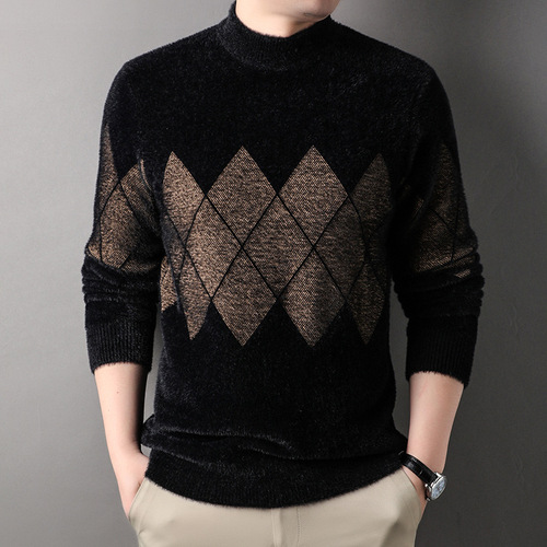 Cross-border mink fur men's sweater autumn and winter high-end thick half-high collar 2025 new warm base shirt wholesale