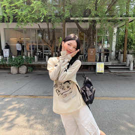 【厂家直销】薄款防晒罩衫长袖T恤女夏季美式趣味涂鸦印花上衣