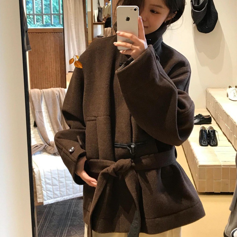 Lem * 24 가을/겨울 새로운 양모 코트 작은 여성복 진 민시 같은 코너 버클 수직 칼라 코트