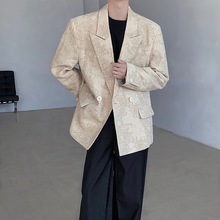 小香风亚麻提花西服外套男高级感宽松潮流廓型杏色西装XF2275135