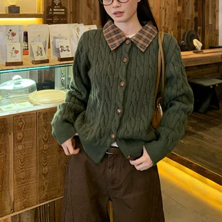 2025秋冬新款假两件毛衣外套韩版温柔麻花粉拼接衬衫领针织女开衫