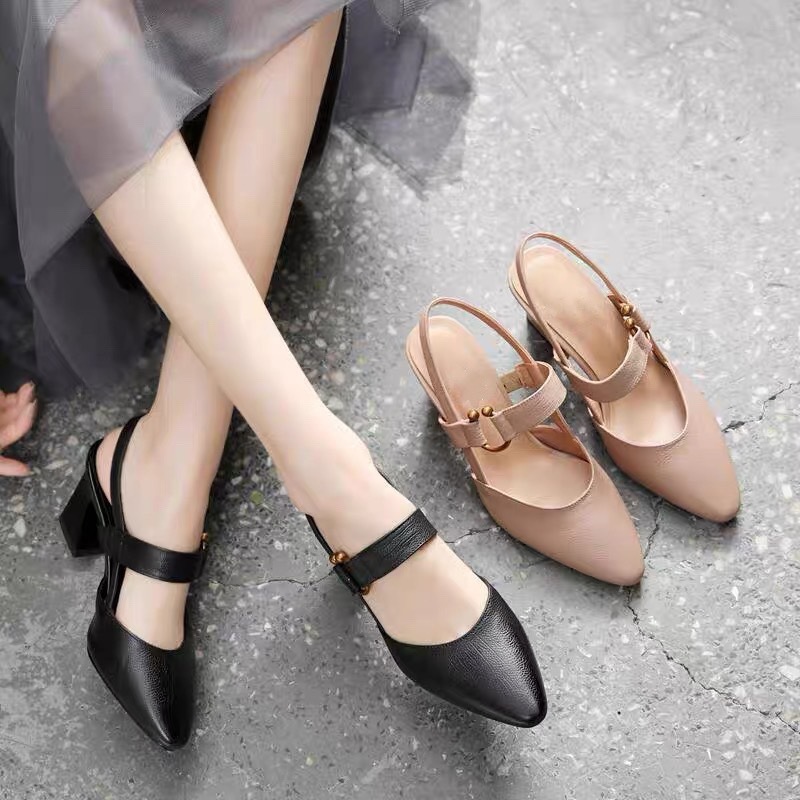 Sandal cao gót nữ mũi nhọn da thật gót vuông 7 cm quai ngang — Màu Mơ (7 cm)