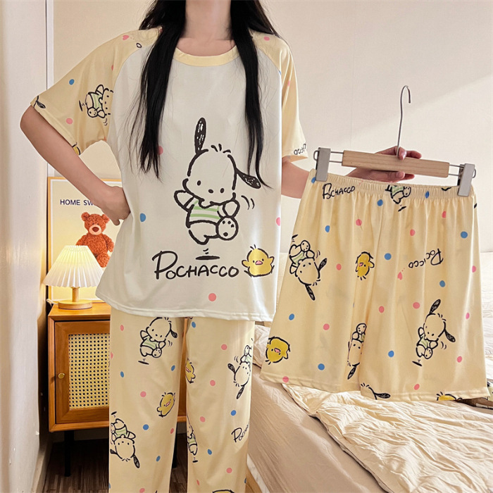 2024 verano vestido de pijama de mujer casual cómodo lindos pantalones cortos de manga corta largo conjunto de tres piezas impresión de dibujos animados ropa para el hogar