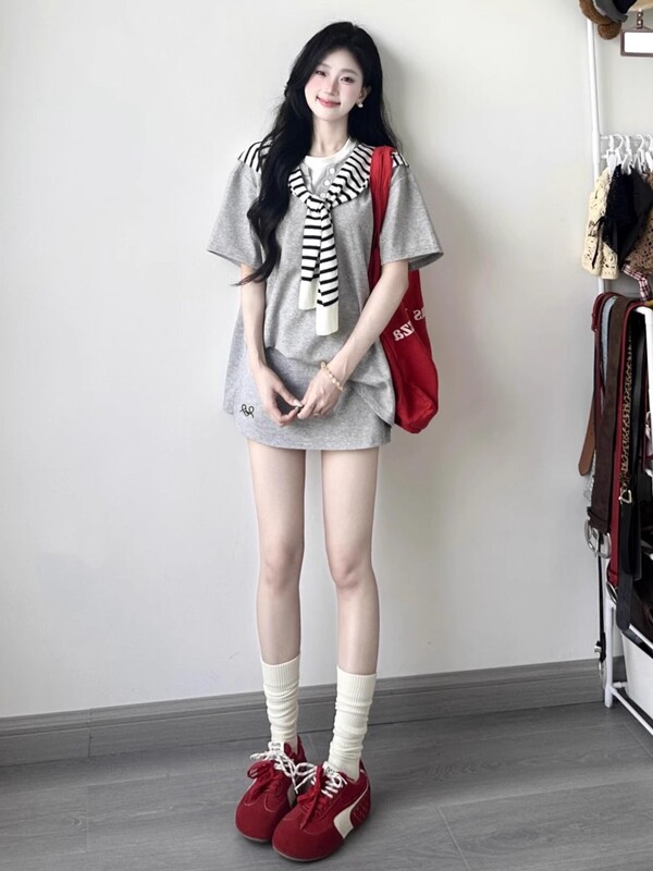 韓国高級スポーツウェアスーツ女性の夏のゆったり痩身ファッションショール半袖スカートカジュアル 2 点セット|undefined