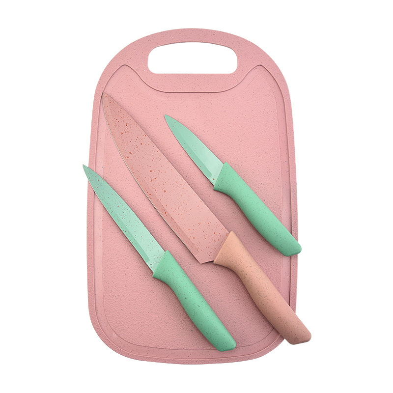 Paja de trigo pintada en pulverización de acero inoxidable doble cara succión con placa de cocina set cuchillo de cocina de piedra de arroz set cuchillo de cocina set de cuatro piezas