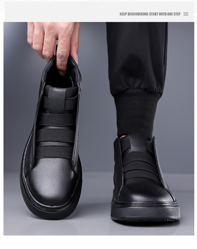 Giày sneaker nam phối da, dây chun co giãn không dây buộc, chống trượt, kiểu lười xỏ chân — Màu trắng, màu đen chi tiết 16