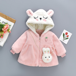 New children's clothing 2023 girls' winter sweater cartoon rabbit ears hooded carrot cotton coat with bag