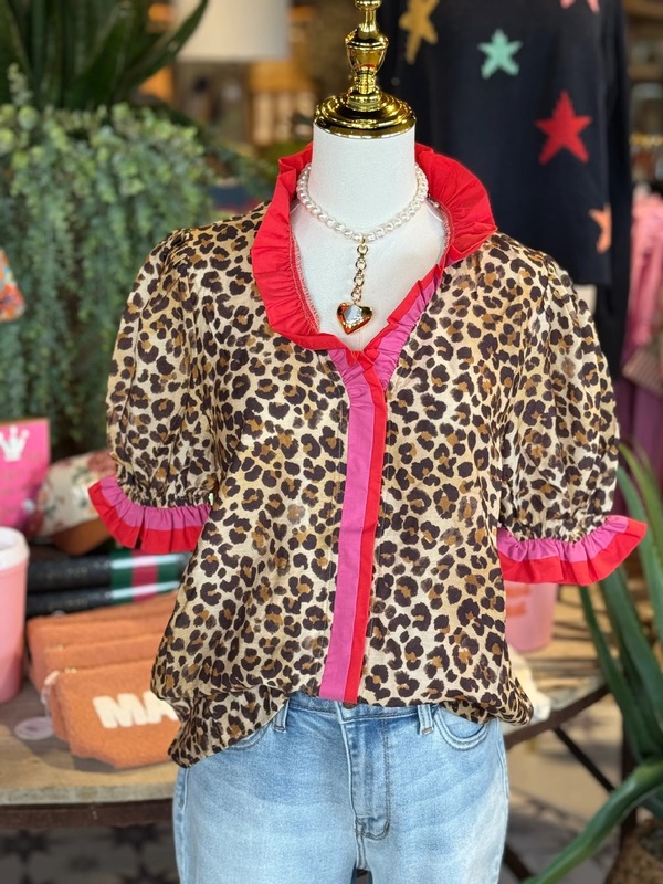 ヨーロッパとアメリカのクロスボーダーアマゾン夏の新しい女性のヒョウ柄カジュアルルーズファッションカラーブロックプリーツVネックプリントトップ|undefined