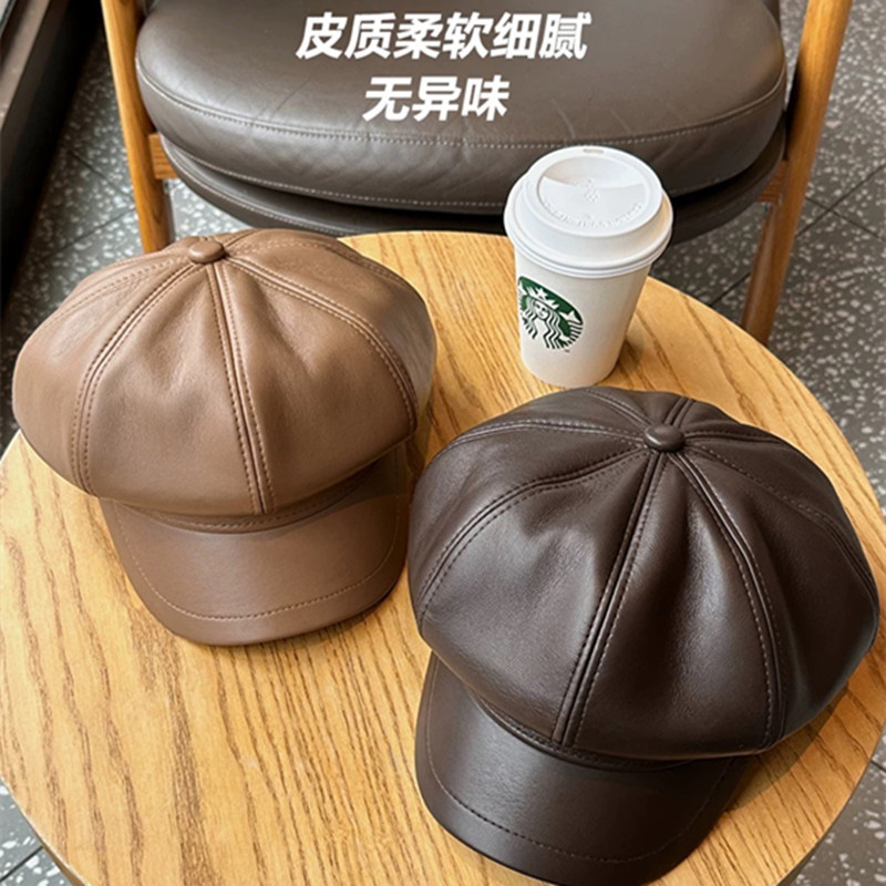 细腻PU皮质八角帽女生大帽顶显脸小报童帽复古英伦风画家帽子男士|undefined