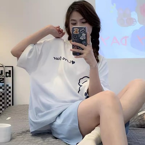 Ladies' Korean-style short-sleeve short shorts sweet and cute round neck loose plus-size pajamas two-piece set, summer can be worn outside