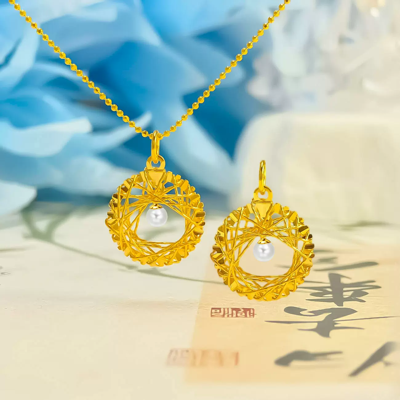 足银999中国风手工编织贝珠项链女DIY吊坠爆闪车花挂坠时尚锁骨链