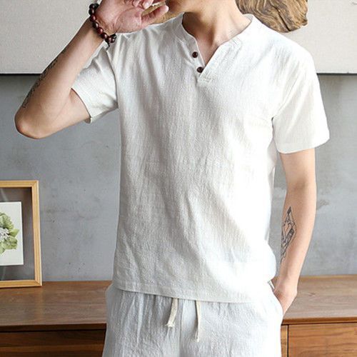 リネン半袖tシャツメンズ夏ラウンドネックトレンドゆるいtシャツ薄いハーフスリーブ綿麻刺繍麻布トップス|undefined