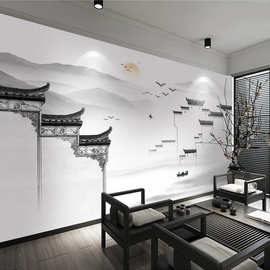 新中式徽派建筑马头墙沙发电视背景墙纸壁画饭店包厢整幅壁垣壁纸