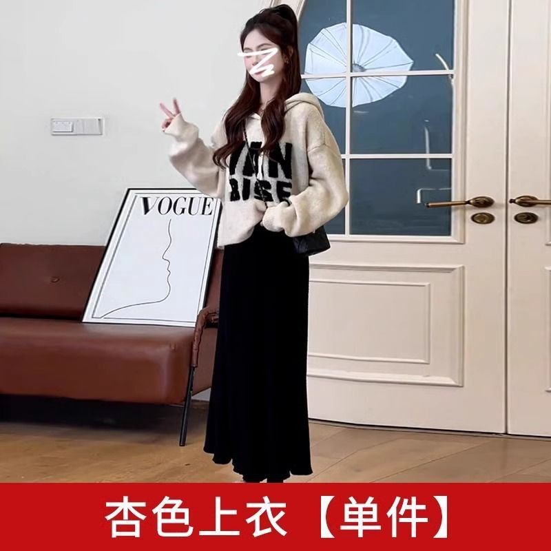 韩系慵懒风灰色字母连帽毛衣外套女春秋新款宽松小个子针织衫卫衣|undefined