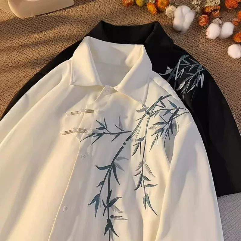 Летняя рубашка, куртка для отдыха, китайский стиль, с вышивкой, оверсайз, большой размер