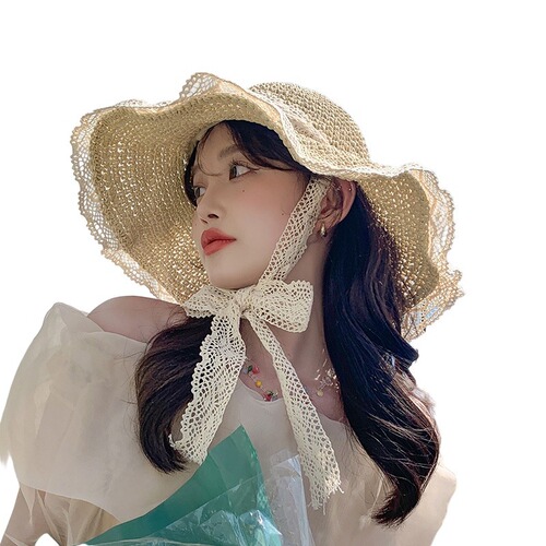 Straw Hat Women Summer Vacation Beach Sand Sun Hat Japanese Ins Style Lace Edge Wide Brim Makes Face Look Smaller