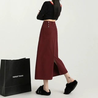 安可拉红排扣高腰牛仔半身裙女春夏2025新款中长款开叉显瘦包臀裙