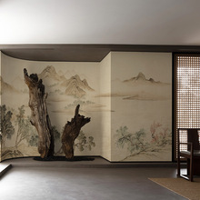 2025年新款新中式复古壁纸壁布电视背景墙纸山水装饰墙布刺绣壁画