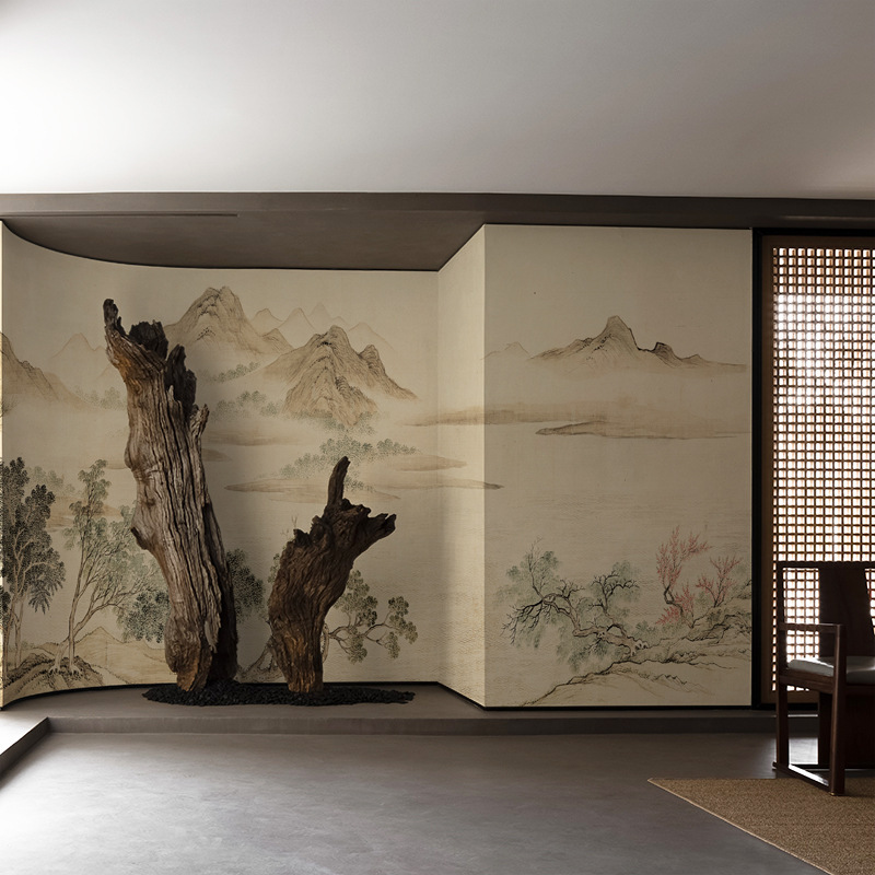 2025年新款新中式复古壁纸壁布电视背景墙纸山水装饰墙布刺绣壁画
