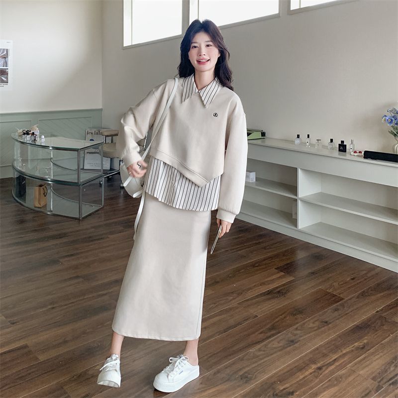 胖MM大码300斤学院风假两件卫衣衬衫套装女秋季宽松半身裙两件套|undefined