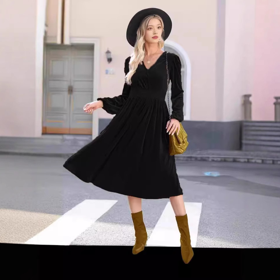 가을과 겨울 2024 새로운 단색 겉옷 긴 소매 원피스 유럽과 미국의 통근 V-NECK PLEATED 높은 허리 원피스