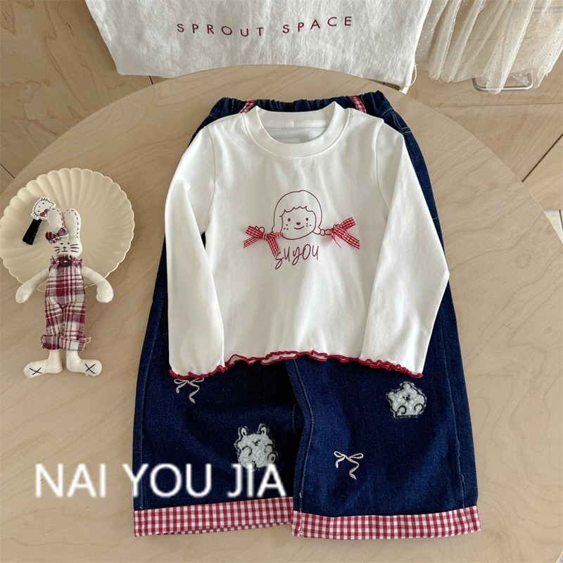 クリームガールズ子供服秋の新作子供韓国風リボンベビードールシャツボトリングシャツ+ジーンズ2点セット|undefined