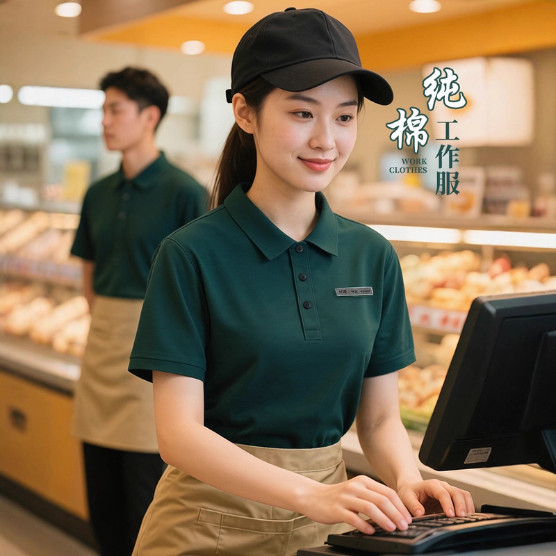Cotton Short-Sleeved Work Uniforms for Catering and Milk Tea Shop Staff, Coffee Restaurants, Shopping Malls, and Supermarkets, Custom T-Shirts with Logo Printing