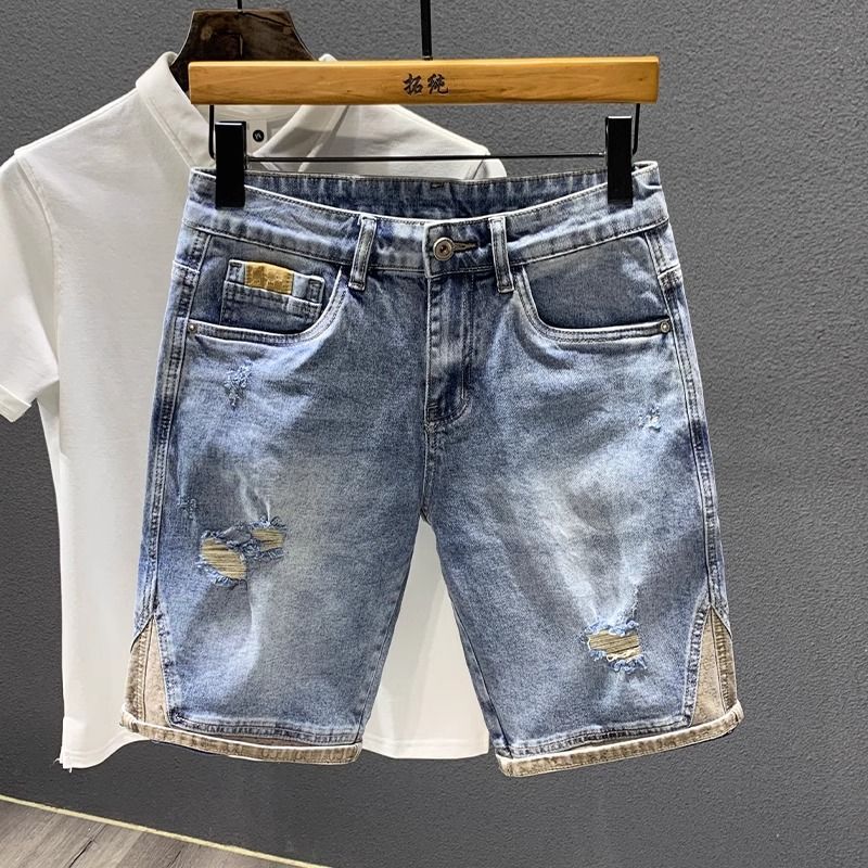 Summer Thin Light Luxury Trendy Brand High-end Retro Beggar's Ripped Denim Shorts Men's Stitching Mid-length Pants Stretch Pants