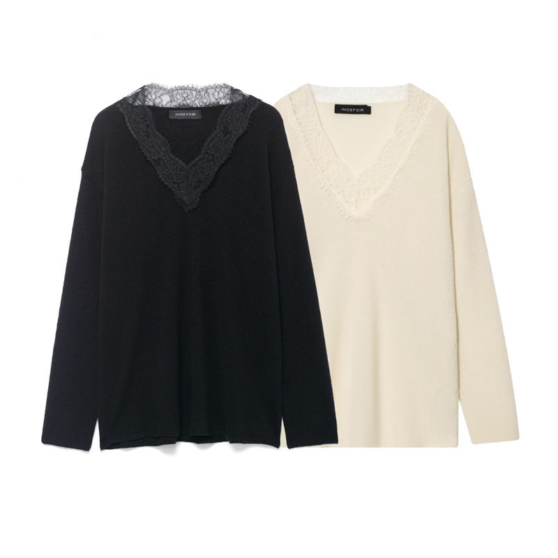 Cross-Border Wholesale Autumn and Winter New Women's Knitwears Fashionable and Versatile Lace Splicing Long-Sleeved Pullover Knitwears for Women