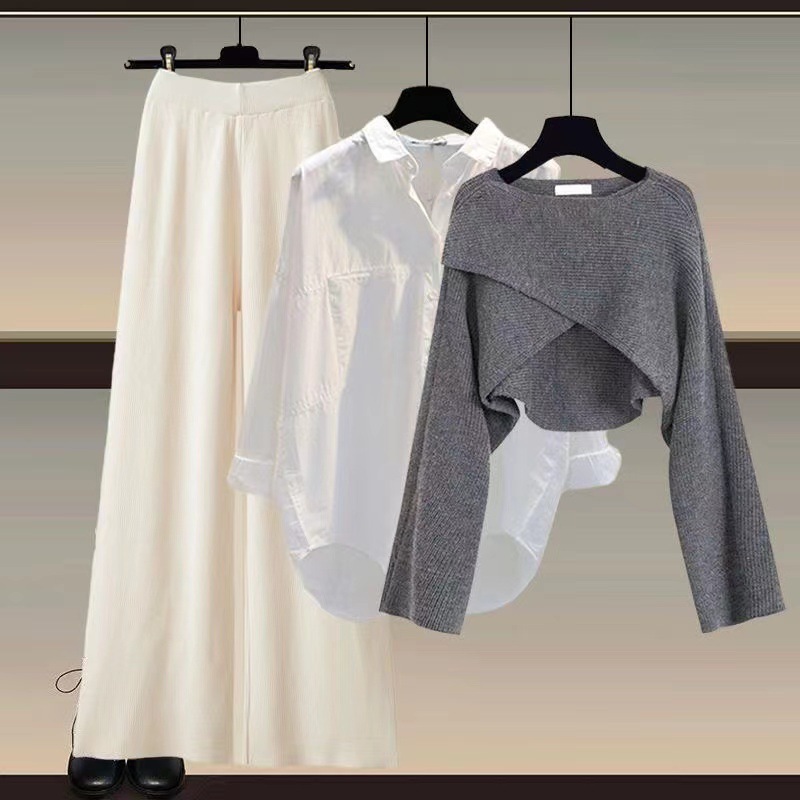 GraceChic Strickpullover, Hemd und weite Hose, dreiteiliges Set, Herbst/Winter-Outfit 2024, Damenmode in großen Größen_voghion.com