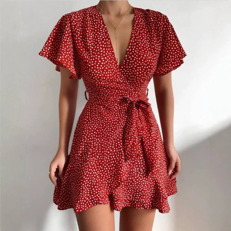 2023 Amazon Summer Hot New V-neck Ruffled Belt Wrap Dress Women's Printed Beach Skirt
