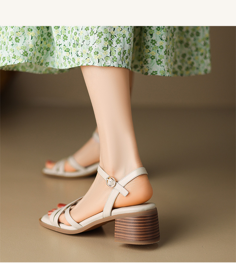 Sandal quai ngang gót vuông hở mũi da bò lớp đầu phong cách La Mã — Màu nâu chi tiết 11