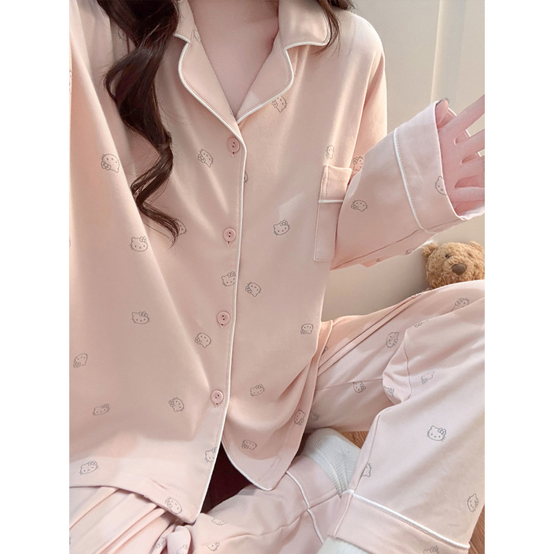 Women's autumn and winter pajama set: a two-piece outfit featuring a collared cardigan, long sleeves, and long pants, with a cute cartoon design, suitable for wearing at home or as outerwear
