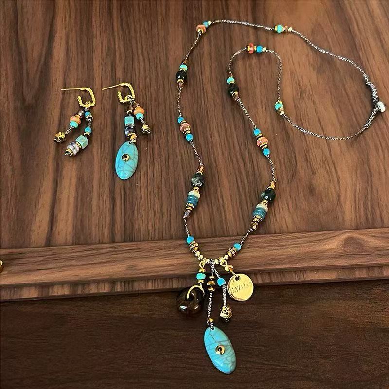 Ethnic Style Asymmetric Colored Stone Tassel Earrings Necklace Set Personalized Bohemian Resort Style Jewelry Set for Women