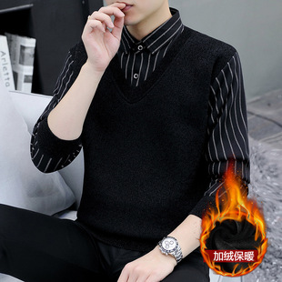 Autumn and Winter Men's Faux Two-Piece Knit Versatile Shirt Collar Jacket Men's Sweater with T-Shirt Fleece-Lined Base Shirt Trendy