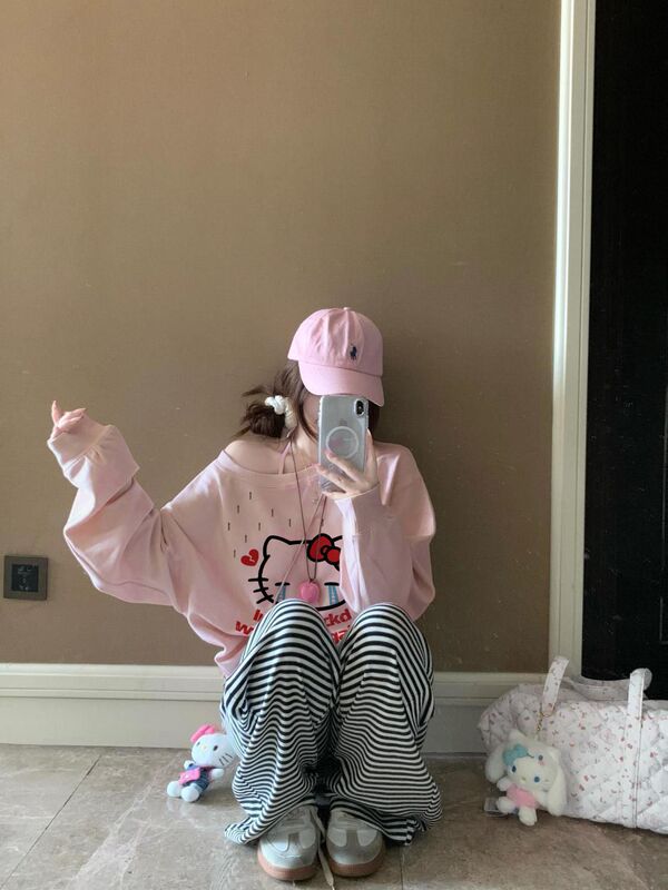 Korean Style Sweet Girl Cute Printed Pink Slanted Shoulder Sweatshirt for Women 2025 Autum New Style Lazy and Gentle Style Loose Top