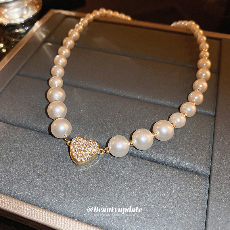 Diamantbesetzte Perlenherzkette mit neuem Nischendesign, hochwertige Schlüsselbeinkette, französische elegante Halskette für_voghion.com