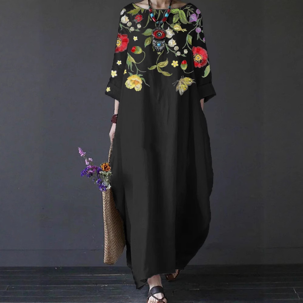 Independent Brand Printed Women's Clothing, European And American Three-quarter Sleeve Midi Dress, Floral Bohemian_ecoleips.com