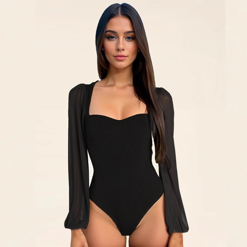 2025 Amazon European and American Summer Spice Girl Square Collar Base Shirt Fashion Sexy Backless Long Sleeve Stitching Mesh jumpsuit 2025 Amazon European and American Summer Spice Girl Square Collar Base Shirt Fashion Sexy Backless Long Sleeve Stitching Mesh jumpsuit