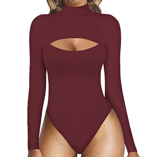 New Arrival Hot Selling European and American Women's Sexy High Neck Front Hollowed Bodycon Long Sleeve Bodysuit