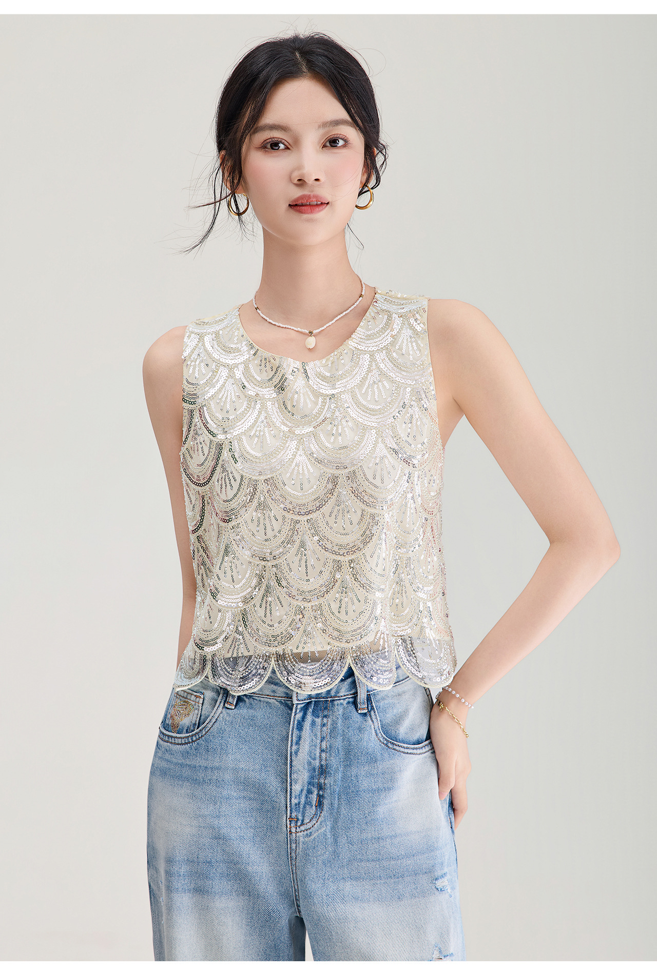 Áo hai dây nữ đính cườm sequin cao cấp phong cách Pháp — màu đen chi tiết 20